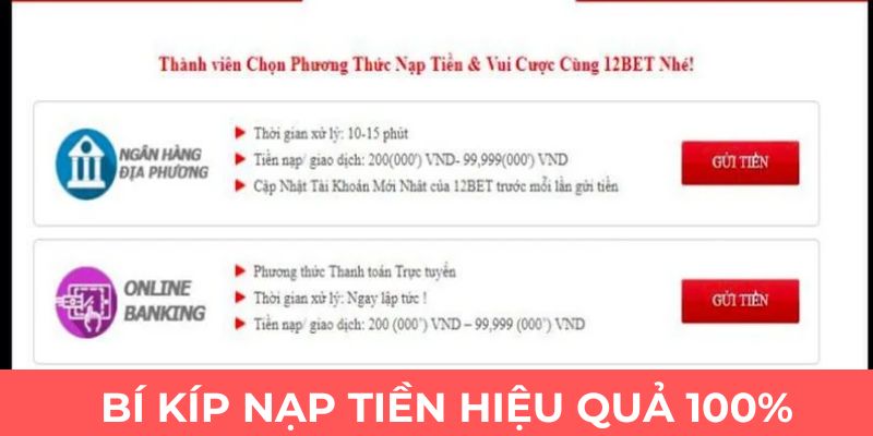 Thao tác nạp tiền 12bet hiệu quả